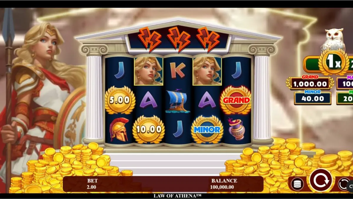 Tampilan visual slot Law of Athena dengan latar belakang kuil Yunani Kuno dan simbol dewi Athena.