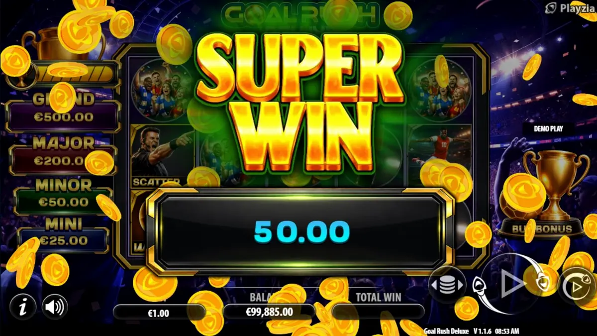 Tampilan visual lapangan sepak bola dalam slot Goal Rush Deluxe Hold and Win